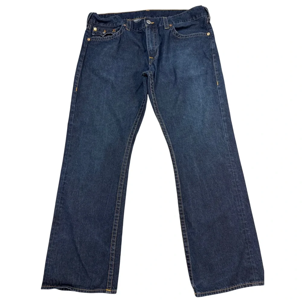 True Religion Straight Jeans Mens 42 Blue Excellent Flap Pocket Dark Wash Indigo